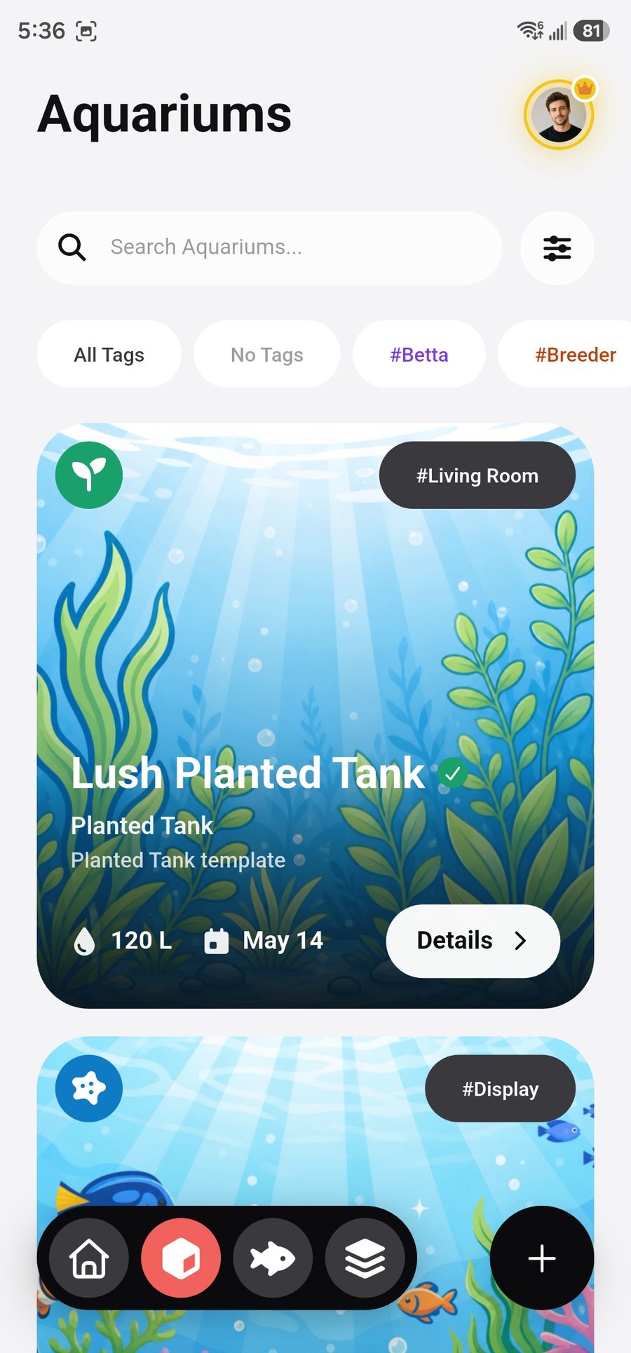 Aquariums list with illustrated tank cards