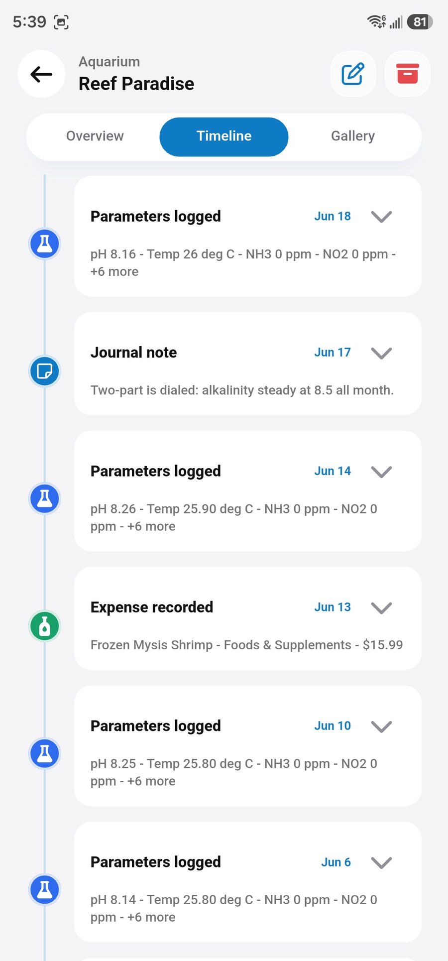 Aquarium journal timeline screen