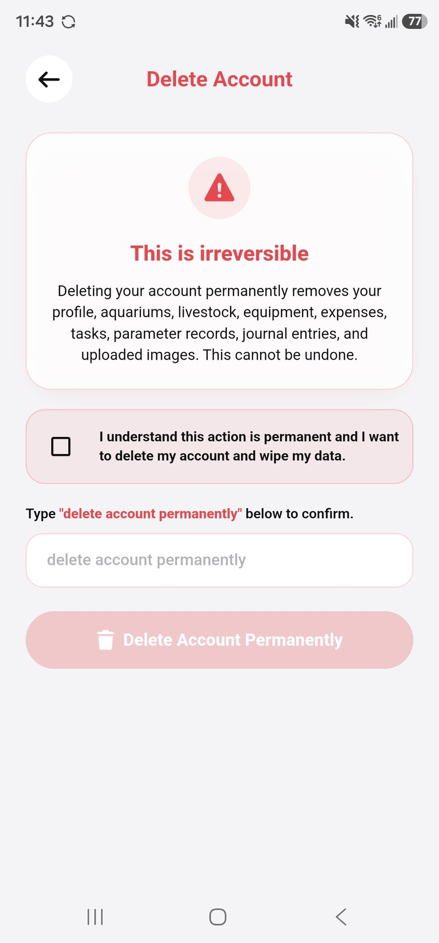 The Delete Account screen in AquaElectron, with the irreversible-action warning, consent checkbox, and confirmation phrase field