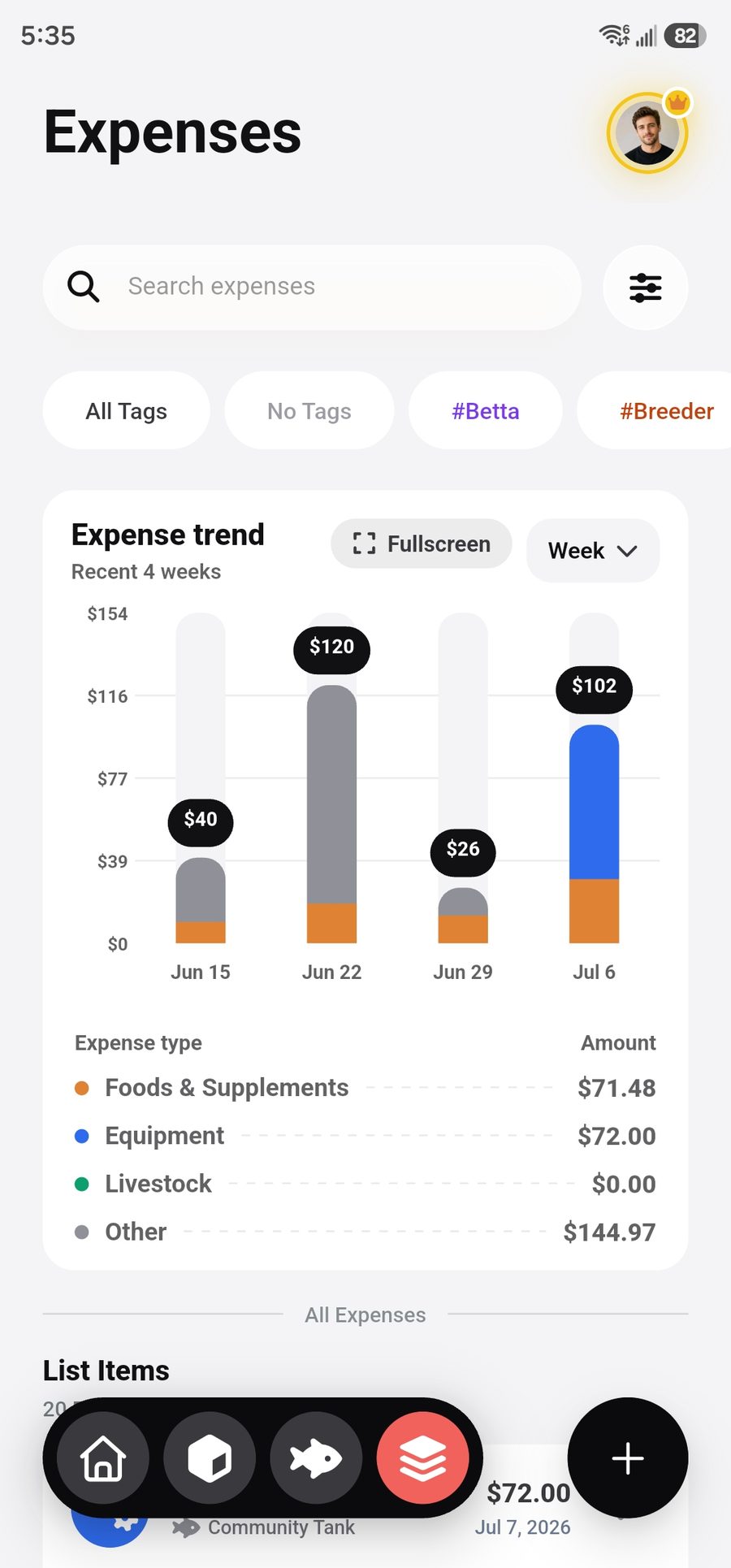 Expense tracking screen