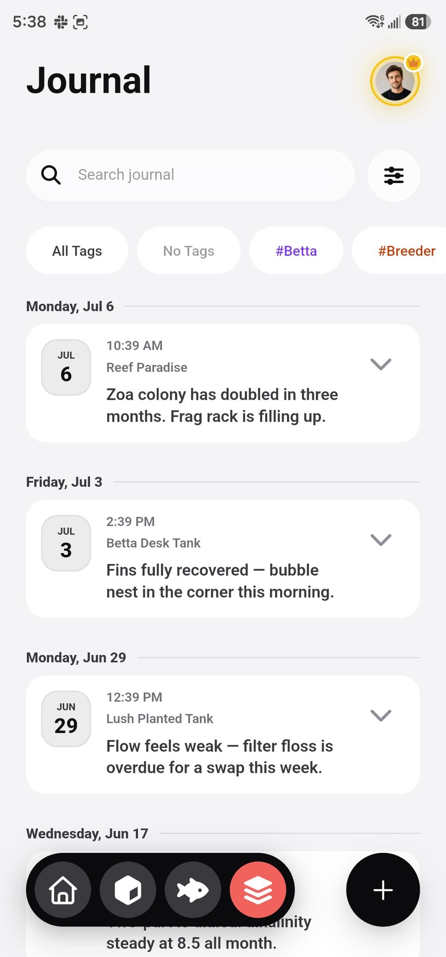 Journal list of dated notes per aquarium