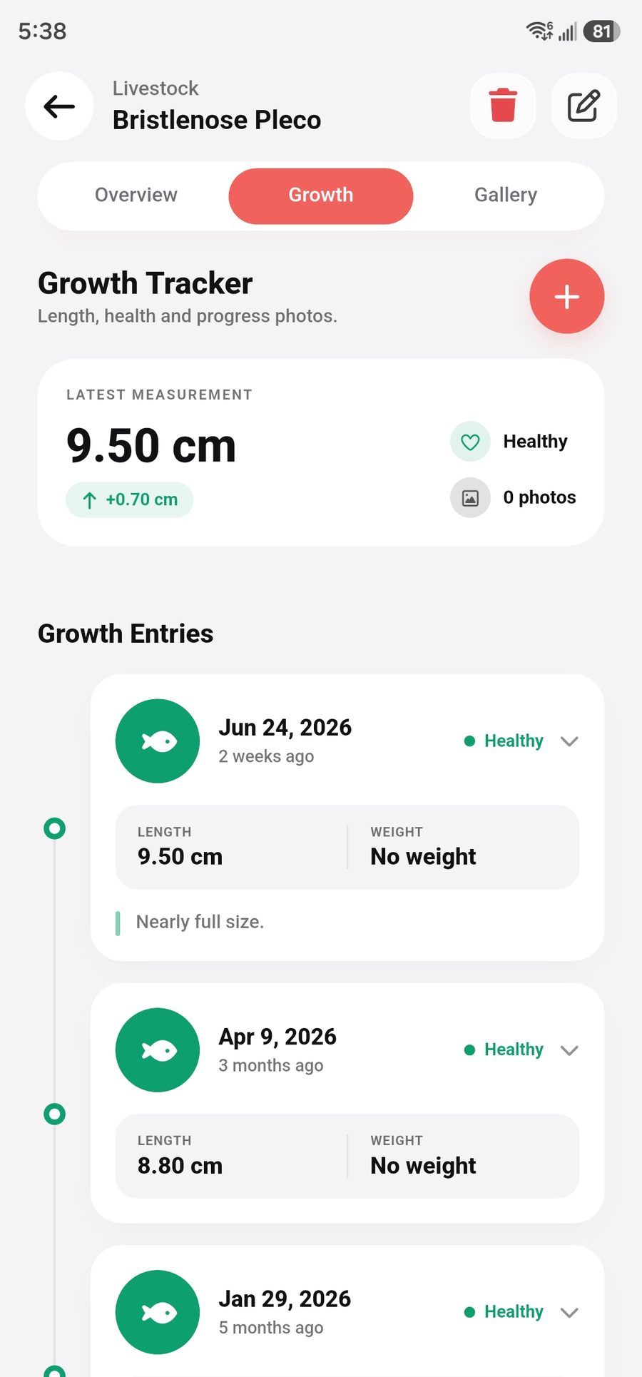 Livestock growth tracker screen