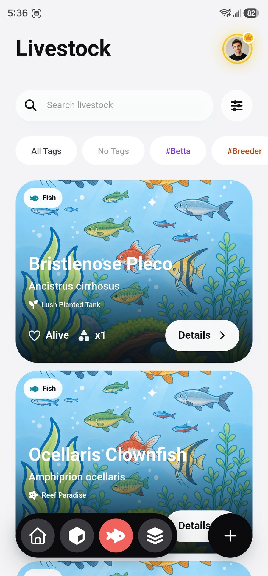 Livestock list with illustrated species cards