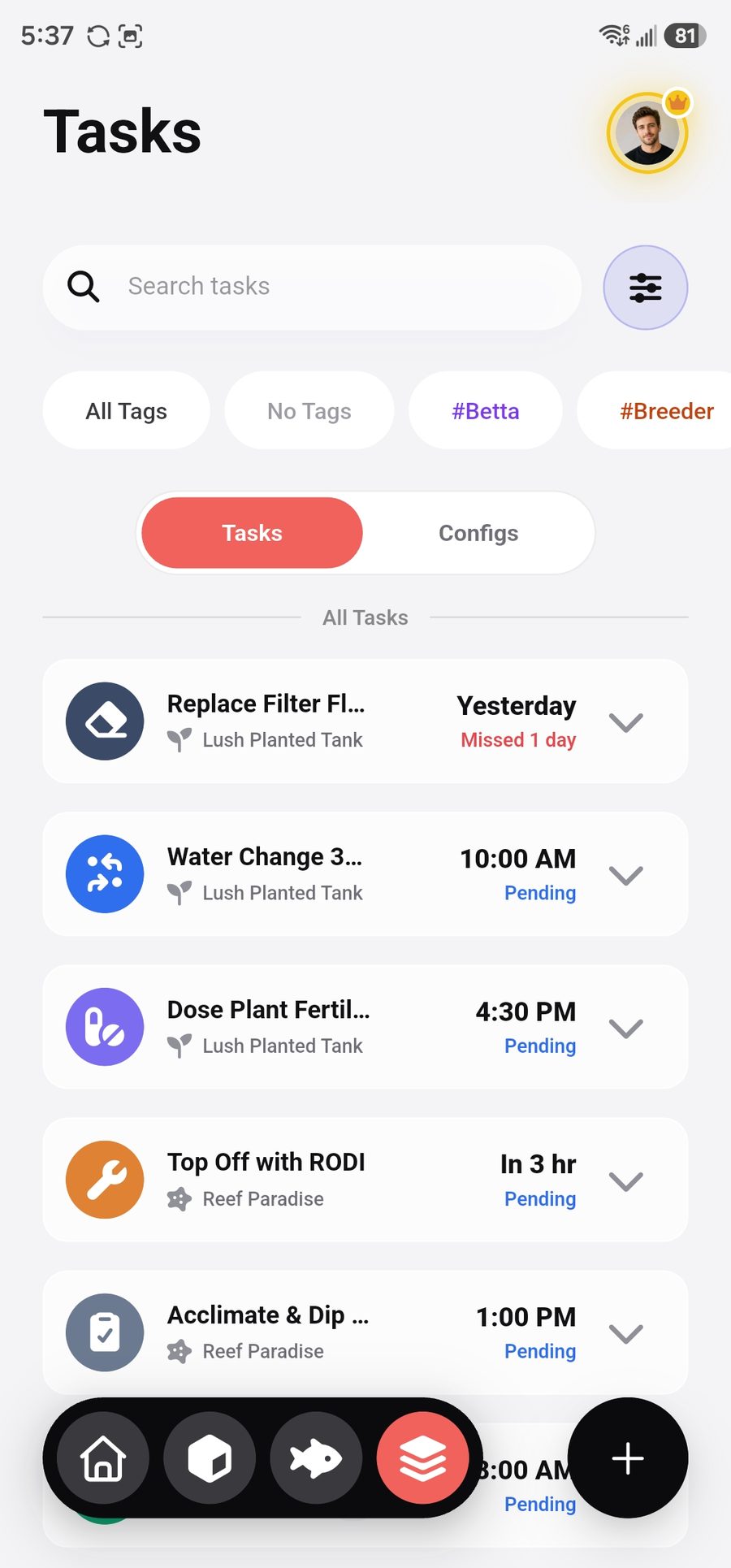 Task list with recurring maintenance tasks and reminders